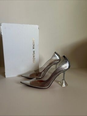 Amina Muaddi Silver Glitter Plexi Flared Heel Pumps